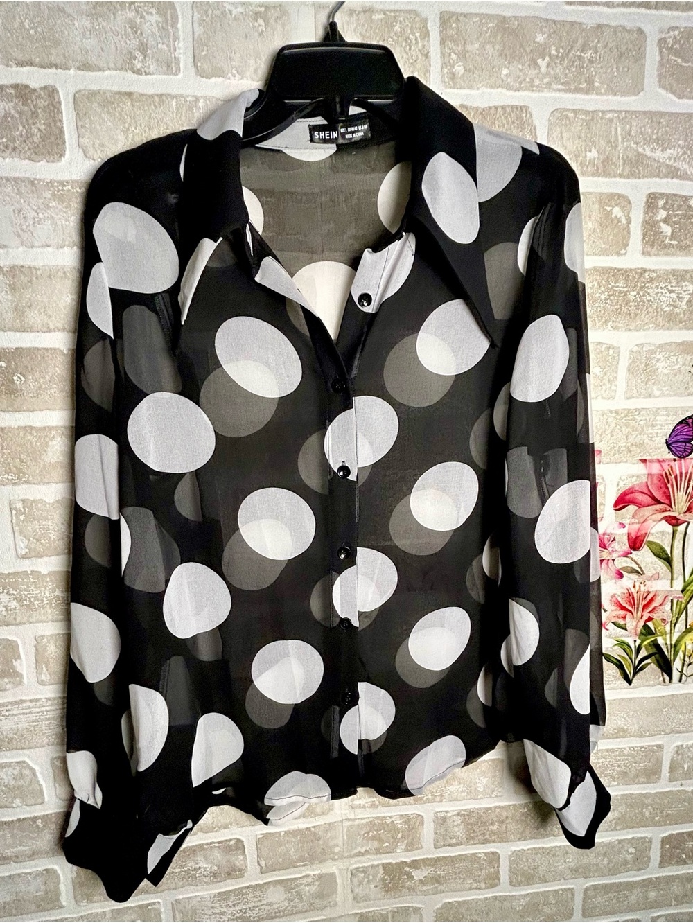 SHEIN Black and White Polka Dot Button-Down Shirt